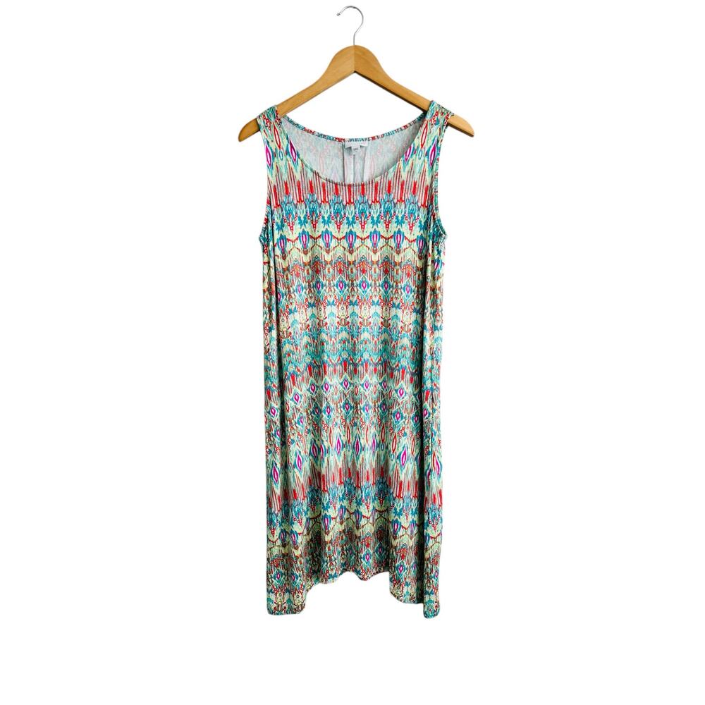 NEW J Jill Asymmetrical Multicolor Geo Scoop Neck Tank Knee Length Dress Small